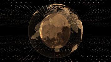 Rotating gold bitcoins in digital world map, crypto currency, 4k video
