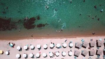 survolez la plage et les nageurs dans les eaux vertes et claires scintillantes près d'ibiza video