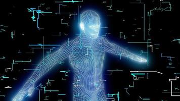 A wireframe man rotates inside a complex grid formation - Loop video