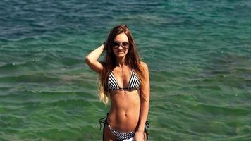 Dame en maillot de bain rayé sur le rivage rocheux video