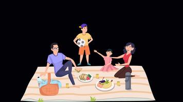 joven familia teniendo un picnic en el parque 2d animación en alfa canal video