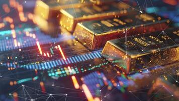 Gold Bar on Stock and Investment Graph with Network Connection - Chart Trade Price Currency Money Finance Success Luxury Metal Golden Investing Finance Banking Wealth video