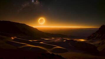 une fascinant lever du soleil dans le vaste étendue de espace, où le Soleil et lune coexister dans harmonie, moulage radiant lumière à travers le galaxie et éclairant le étoiles. video