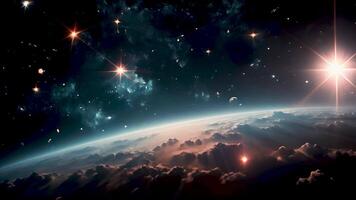 planète Terre scintille sous une canopée de étoiles et tourbillonnant des nuages dans cette Stupéfiant image de espace exploration. video