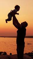 sonriente padre lanza su pequeño bebé chico arriba en el aire. papá y hijo teniendo familia hora al aire libre en el naturaleza. río en puesta de sol a fondo. vertical video