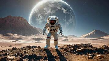 un solitario astronauta en un extraterrestre planeta, con un grande planeta que se avecina en el cielo. esta imagen vitrinas espacio exploración, interplanetario viajar, y el fascinación con descubriendo mundos más allá tierra. video