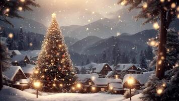 A christmas beautiful village with a christmas tree in the snow video