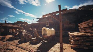 Historic Western town with wooden structures and covered wagon under blue sky video