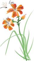 Daylily plant with a dragonfly digital artwork inspired by Chinese ink brushstroke style vector